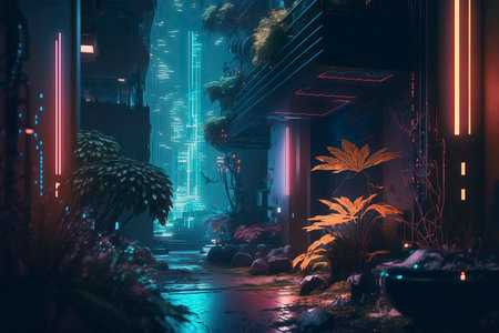 3d illustration of a night city with neon lights and plants.の素材