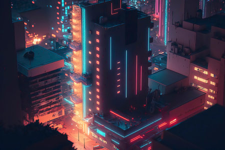 Aerial view of a modern city at night with neon lights.の素材