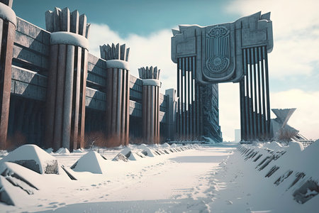 3d rendering of the entrance to the city in winter with snowの素材