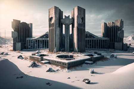 3D rendering of an old abandoned building in the desert in winterの素材