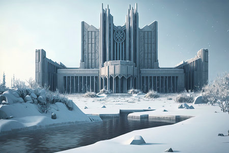 Fantasy landscape with church and river in winter. 3D renderingの素材