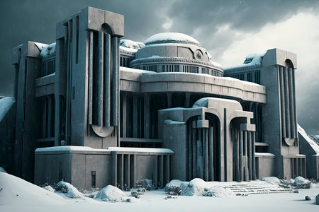 3d rendering of a futuristic building in the snow with blue skyの素材