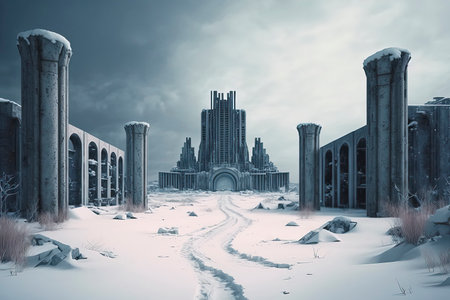 Abandoned ruins of the old city in winter. 3d renderingの素材