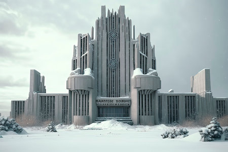 3D render of a futuristic building in winter with snow and iciclesの素材