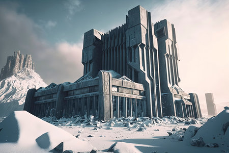 3D rendering of an old abandoned church in the snowy mountains.の素材