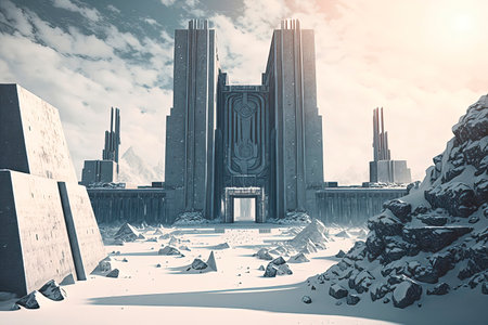 Futuristic sci-fi city in winter. 3d renderingの素材