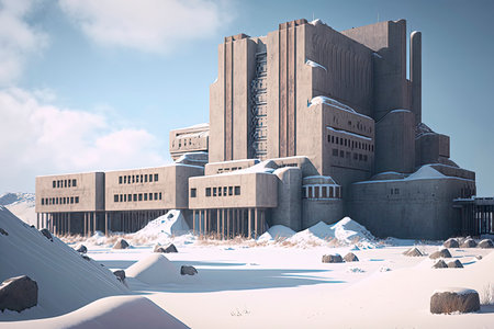 3D rendering of an old building in a snowy landscape with blue skyの素材