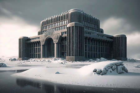 3d render of a modern office building in winter with snow and iceの素材