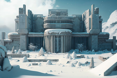 3D rendering of a fantasy landscape with a castle in the snowの素材