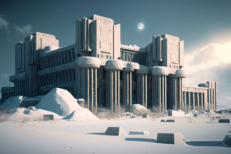 Fantasy landscape with ancient buildings in the snow. 3d renderingの素材