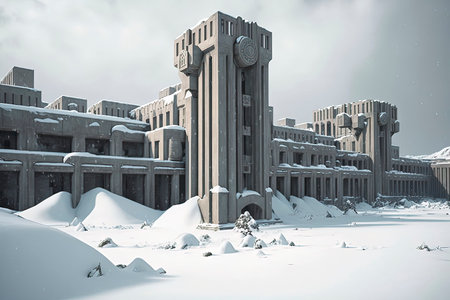 Winter landscape with a large building in the snow. 3d renderの素材