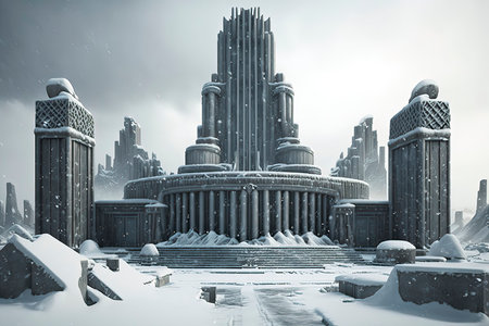 Futuristic city in snow. 3D render. Conceptual illustration.の素材