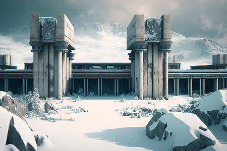3D rendering of the ruins of an ancient city in winter.の素材