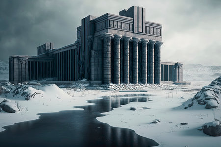 3d illustration of an ancient building in the middle of a frozen lakeの素材