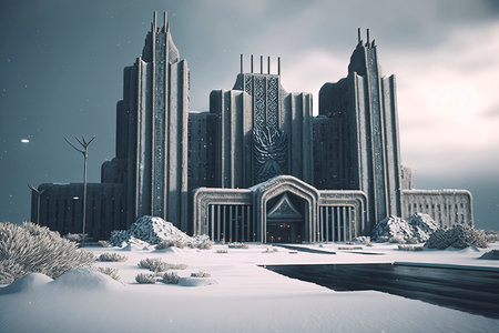 Futuristic city in the snow. 3d rendering toned imageの素材