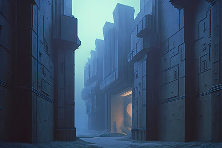 Digital Illustration of a Doorway in a Foggy Cityscapeの素材