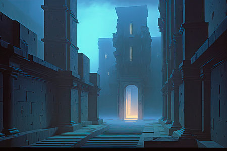 Illustration of an entrance to the city at night with a blue lightの素材