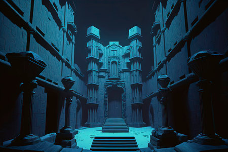Mysterious corridor with columns and doors. 3D rendering.の素材