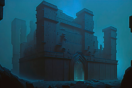 Fantasy illustration of a medieval castle in a foggy day.の素材
