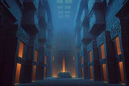 3D illustration of Futuristic hallway with glowing windows and stairs.の素材