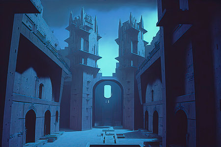 Fantasy medieval castle in the blue sky. 3D illustration.の素材