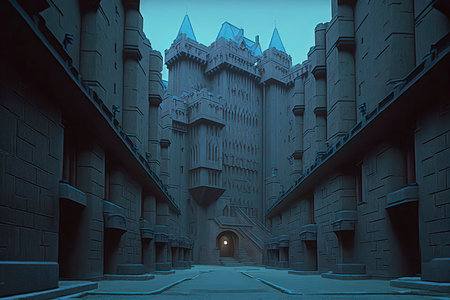 Fantasy castle in the middle of the road. 3D renderingの素材