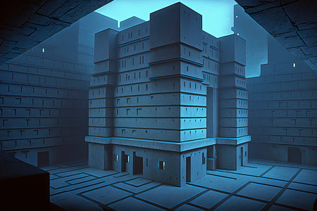 3d render of a futuristic building in the dark with blue lightの素材