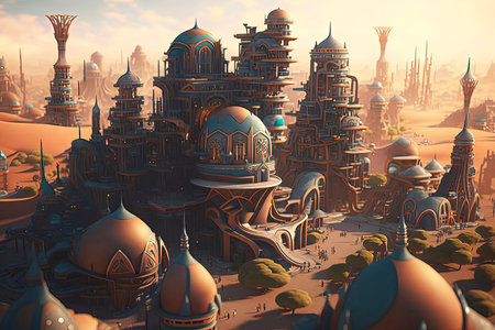 Fantasy City. 3D illustration. 3D CG. High resolution.の素材