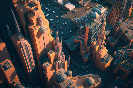 3D illustration of a futuristic city with skyscrapers and buildingsの素材