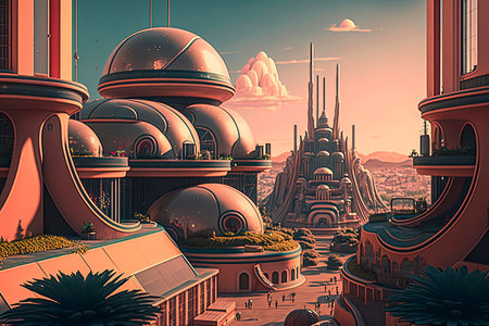 Fantasy city at sunset, 3d rendering. Computer digital drawing.の素材