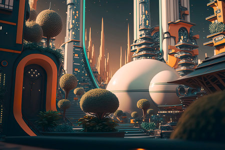 3d illustration of a futuristic city with skyscrapers and high buildingsの素材