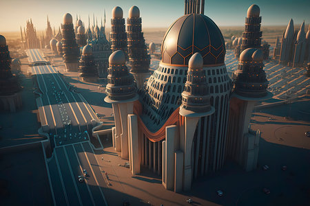 3D illustration of a futuristic city at sunset. 3D renderingの素材