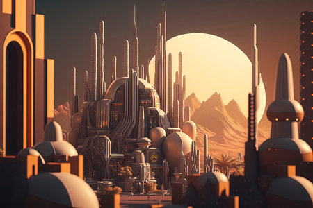 3D render of a fantasy alien city on a background of the moonの素材