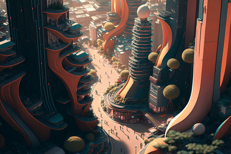 3d rendering. Futuristic city in the style of virtual reality.の素材