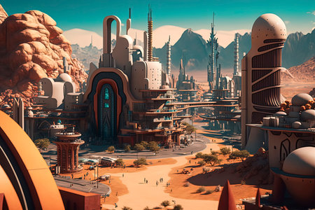 3D render of a fantasy alien city. 3D illustration.の素材