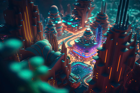 3D illustration of a futuristic city with neon lights. Futuristic city.の素材