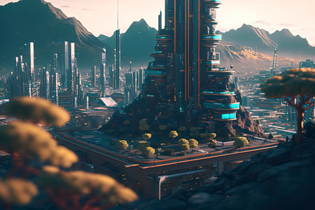 3D illustration of a futuristic city with skyscrapers and mountainsの素材
