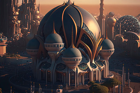 3D illustration of a futuristic city with minarets and skyscrapersの素材