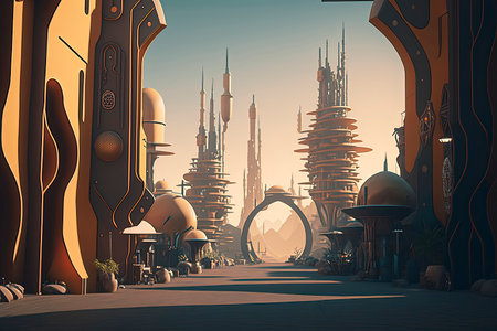 Futuristic city at sunset, 3d rendering. Computer digital drawing.の素材