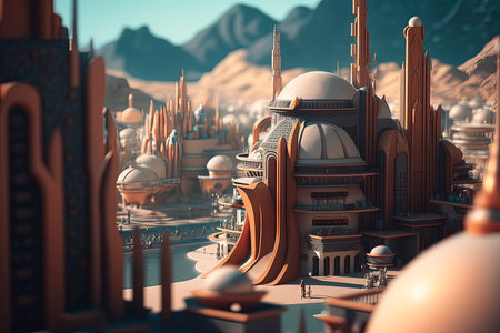 3D render of a fantasy city with a lot of buildings.の素材