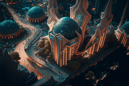 3D illustration of futuristic city at night. Futuristic city concept.の素材