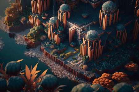 3D illustration of a fantasy city with a lot of trees.の素材