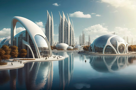 Modern cityscape with skyscrapers and lake. 3d renderingの素材
