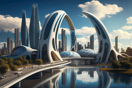Modern city landscape. Skyscrapers and bridge. 3d renderの素材