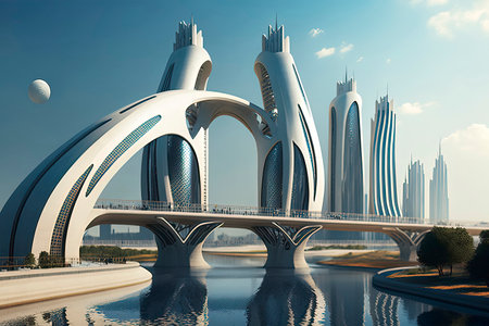 City landscape with bridge and skyscrapers. 3d render.の素材