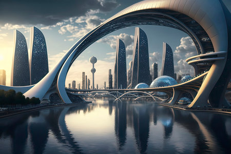 3D illustration of a futuristic city in the background of the riverの素材