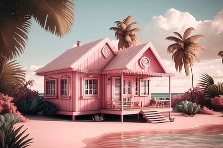 Pink house on the beach with palm trees. 3D rendering.の素材