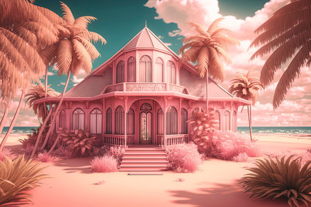 3D render of a tropical house on the beach at sunset.の素材