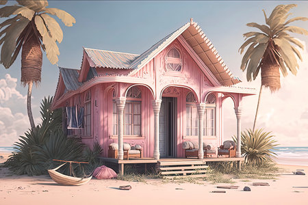Cottage on the beach with palm trees. 3D illustration.の素材