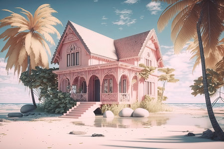 3d render of tropical house on the beach with palm trees.の素材